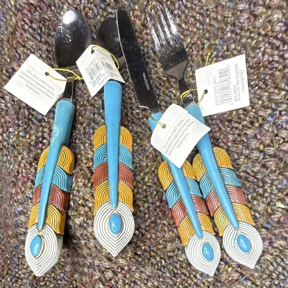 New with Tags Southwest Turquoise Feather Flatware Set - 4 Piece,Stainless Steel